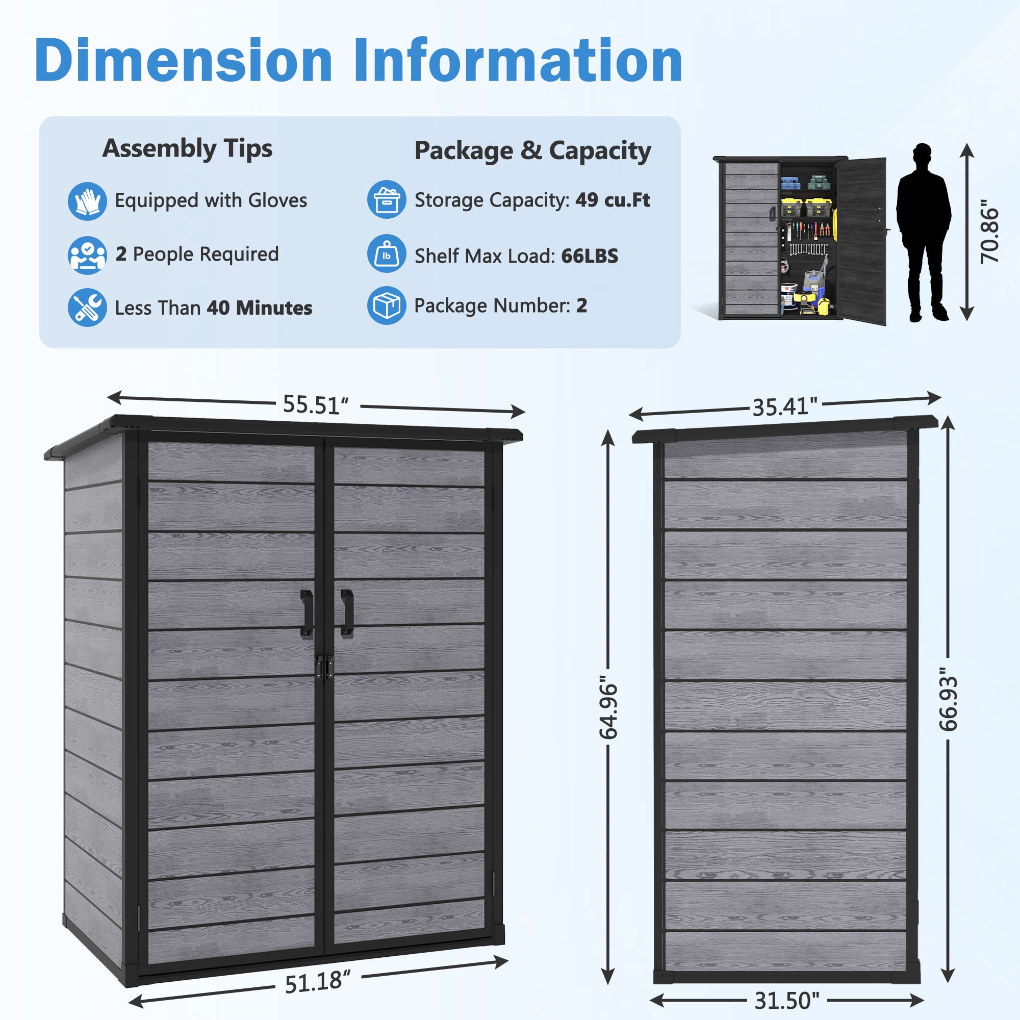 Sheds & Outdoor Storage, 4.6x3FT Outdoor Storage Shed with Floor, Waterproof Patio Plastic Shed Sloped Roof, Lockable Garden Bike Tool Shed Two Door Design, Wood Gray