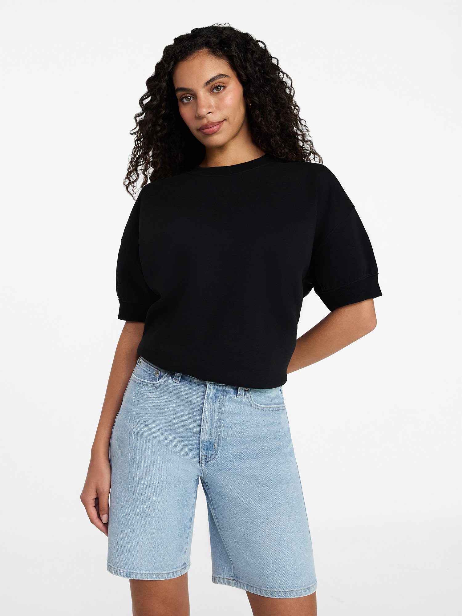 Time and Tru Women's Fleece Sweatshirt with Short Sleeves, Sizes XS-XXXL