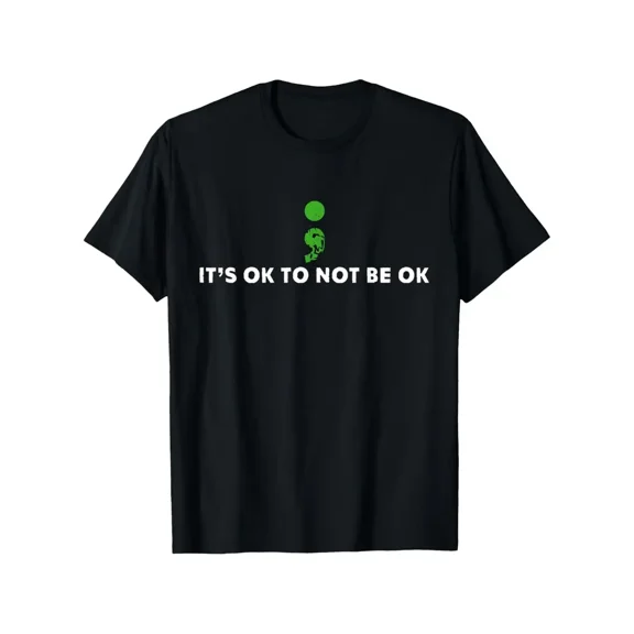 Semicolon Mental Health Awareness Month Warrior Retro T-Shirt - 100% Cotton 180gsm Relaxed Fit Unisex Tee with "It's OK to Not Be OK" Green Ribbon Design, Large Sizes 1XL-5XL