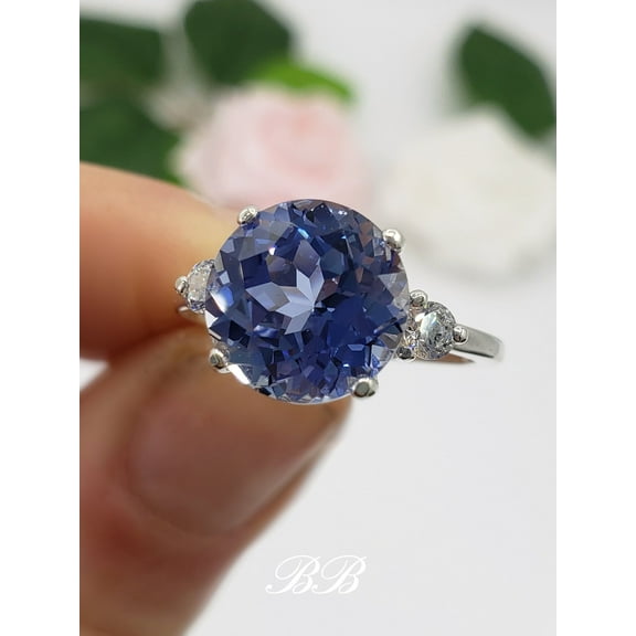 8mm - 10mm Lab Ceylon Blue Sapphire Round Cut, Accented Three Stone Ring, Sterling Silver