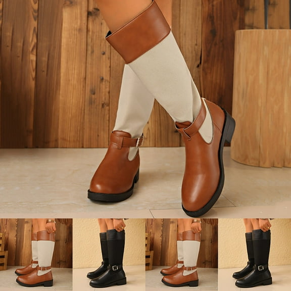 Fashion Boots Women's Casual Versatile Embroidered Color Block Thick Heel Mid-Calf Boots for Fall and Winter Outdoor Wear