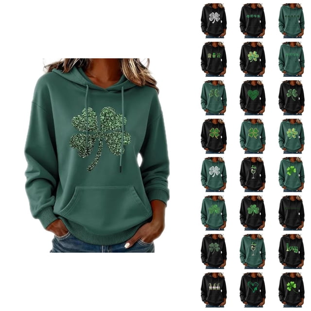 Chandails à Capuchon pour Femmes de la Saint-Patrick 2026 à Manches Longues avec Graphique de Trèfle et Poches