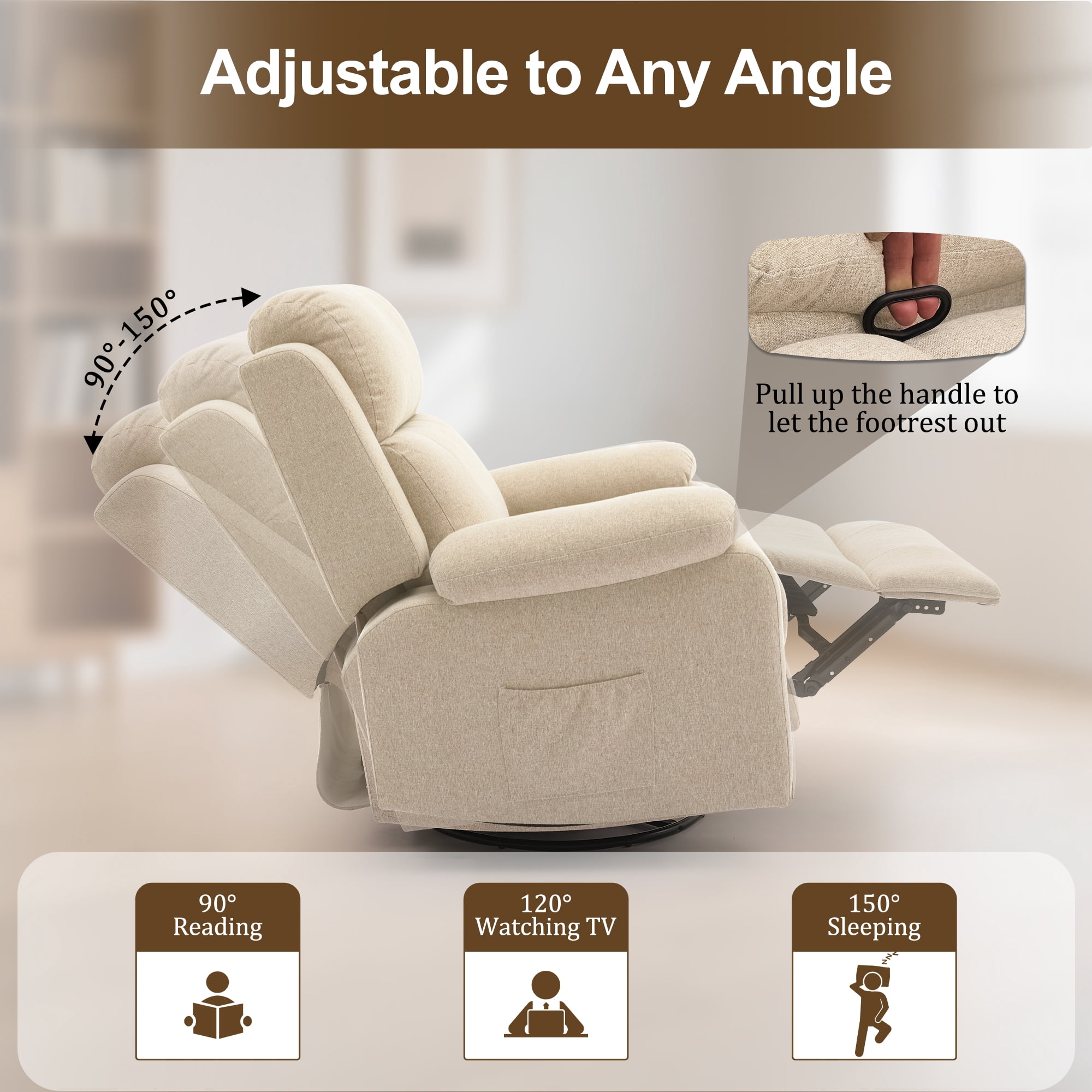 Korser Swivel Rocker Recliner Chair for Adults with Massage and Heat,Upholstered Manual Recliner with Side Pockets Glider Recliner for Living Room,Linen,Beige