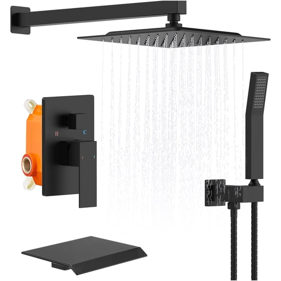 JERFIT 10 Inch Square Rain Shower System Combo, Matte Black Wall Mounted Shower Set with Rainfall Showerhead, Handheld Sprayer, Waterfall Tub Spout & Pressure Balance Valve