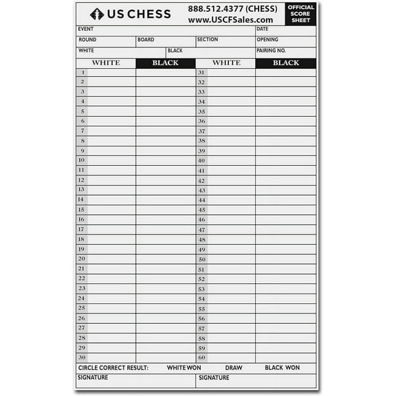US Chess Federation Carbonless Chess Score - Pack of 100