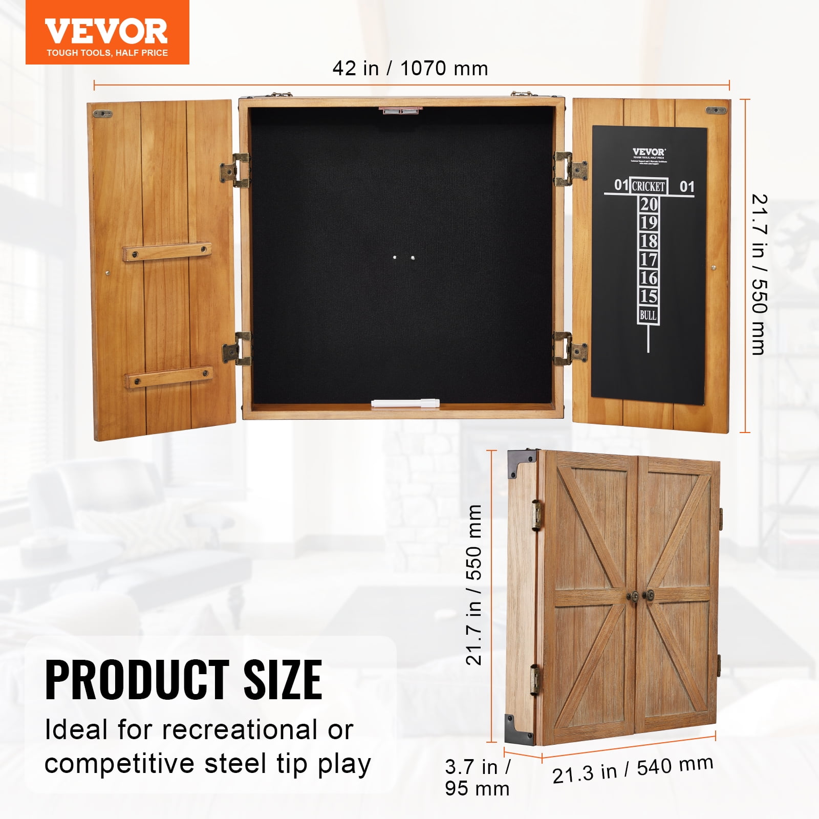VEVOR Dartboard Cabinet, Solid Wood Dartboard Cabinet Set, Official Size Hideaway Cabinet with Socreboard and Accessories, Features Easy Assembly, Perfect for Cricket Games (Dartboard Not Included)