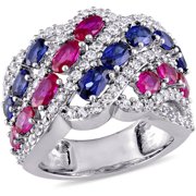 6-1/2 Carat T.G.W. Oval-Cut Created Ruby with Created Blue and White Sapphire Sterling Silver Braided Ring