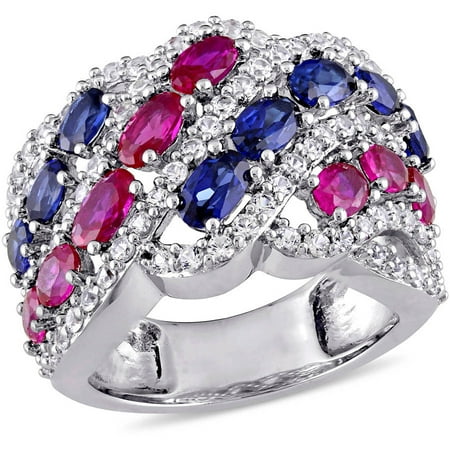 Tangelo 6-1/2 Carat T.G.W. Oval-Cut Created Ruby with Created Blue and White Sapphire Sterling Silver Braided Ring