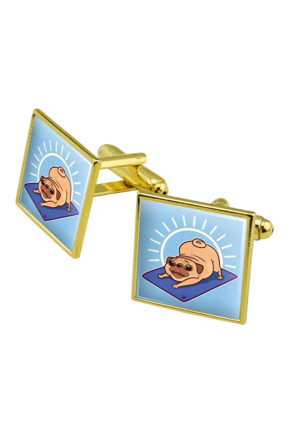 Downward Facing Dog Pug Doing Yoga Square Cufflink Set - Silver or Gold