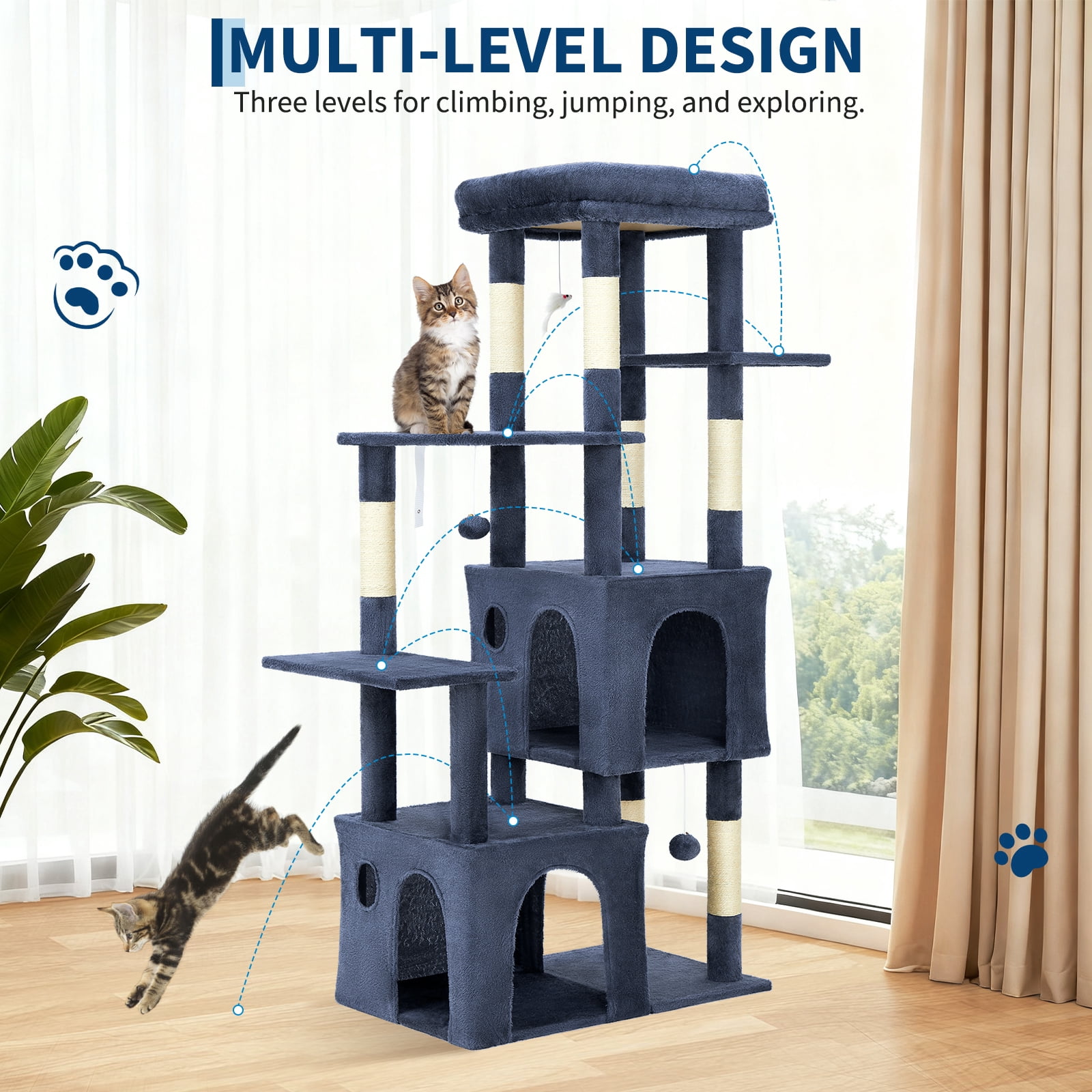 Babevy 61" Maine Coon Cat Tree, Heavy-Duty Tower with Extra-Large Perch, 2 Condos & 7 Sisal Scratching Posts for Large Indoor Cats