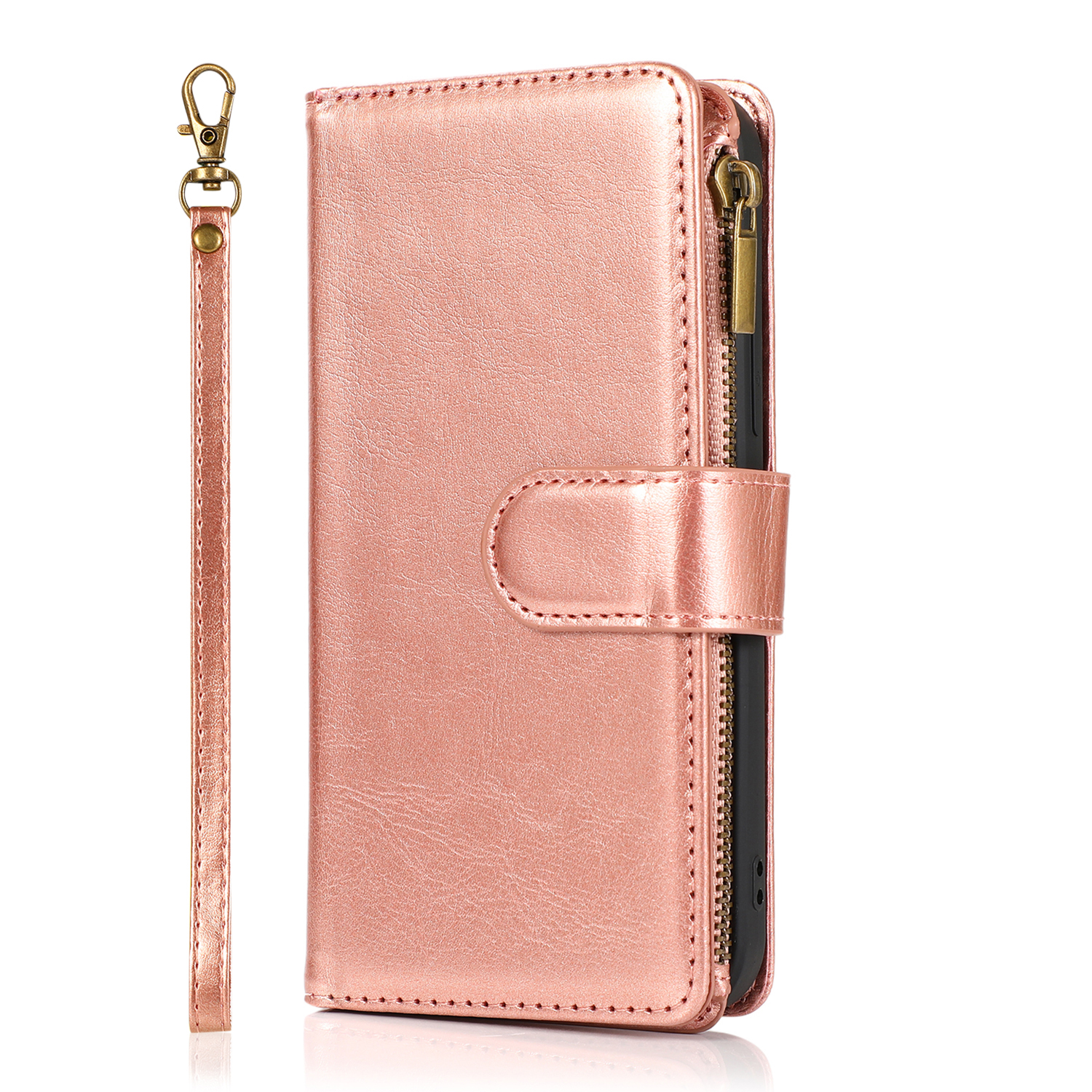 Luxury Wallet Case For IPhone 13/14 With Zipper, Card Slots & Tempered Glass