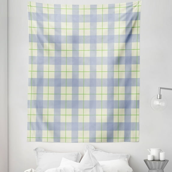Checkered Tapestry, Celtic Style Classic Design Scottish Thin Lines Traditional Tile, Fabric Wall Hanging Decor for Bedroom Living Room Dorm, 5 Sizes, Lime Green Pale Blue, by Ambesonne