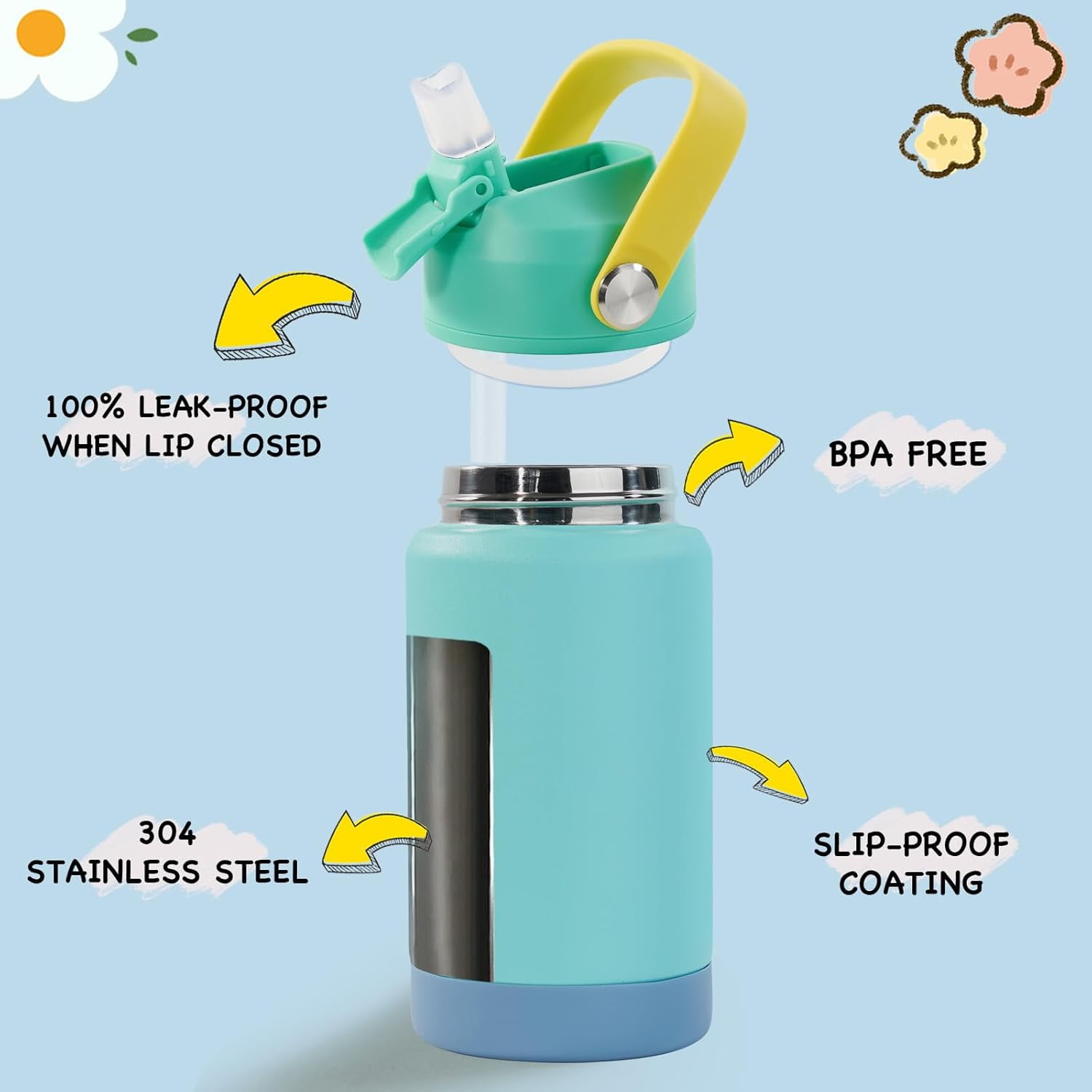 12oz Kids Water Bottle, Stainless Steel Insulated Water Bottle For Kids, Toddler Cup With Straws Leak-proof, Kids Water Bottles For School Boys Girls, BPA Free, Twilight Green