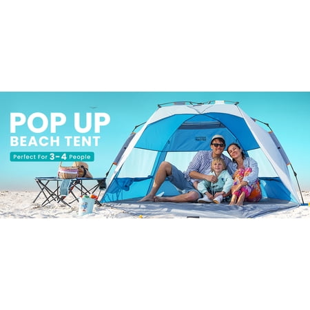 OutdoorMaster Pop Up Beach Tent for 4 Person - Easy Setup and Portable Beach Shade Sun Shelter Canopy with UPF 50  UV Protection Removable Skylight Family Size - Light Blue Gray