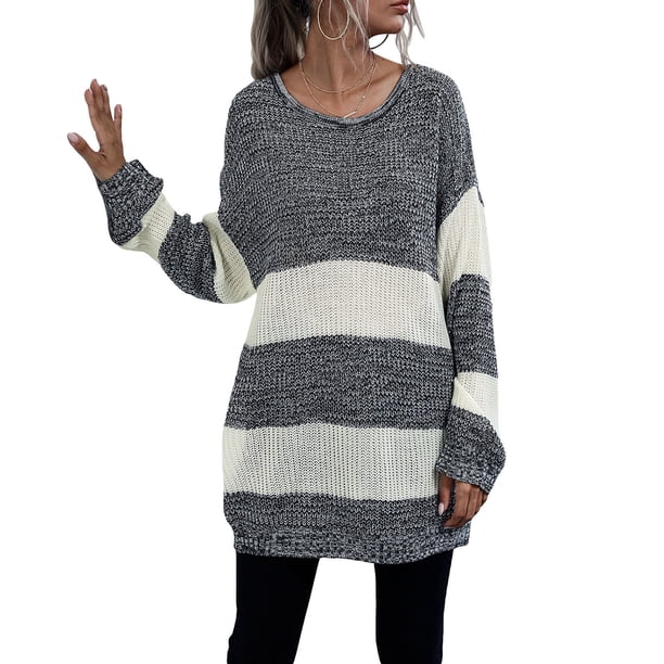 Txlixc Suéter de manga larga femenino, suéter de cuello redondo con patrón rayado Txlixc moda