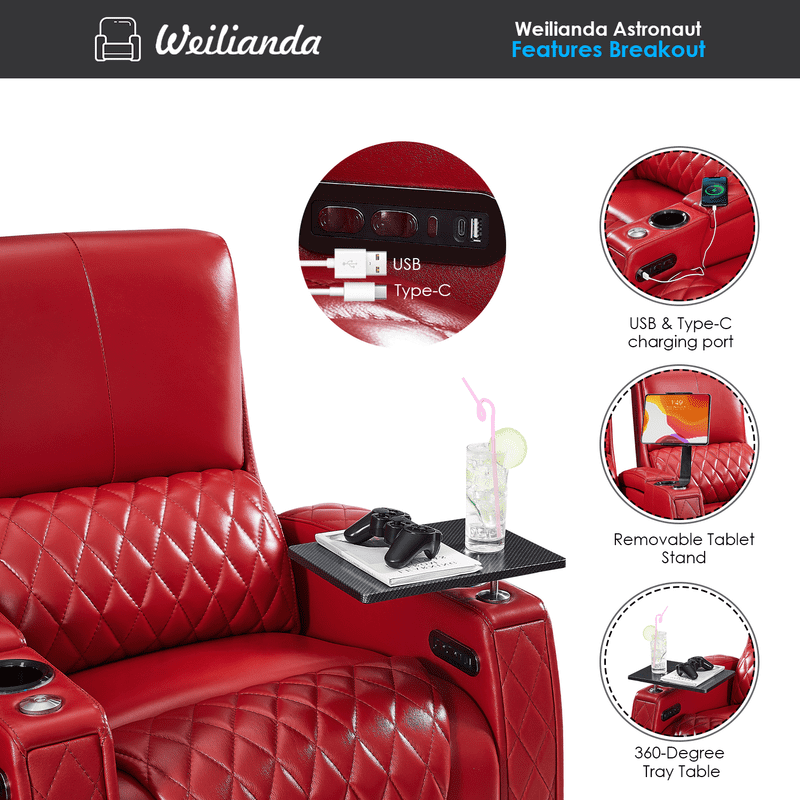 Weilianda Astronauts Reclining Sofa Electricity Recliner Zero Gravity Chair Top Grain Leather Movie Chair Gaming Sofa with Tray Table USB Charging Cup Holders,Row of 4 Loveseat Right Red