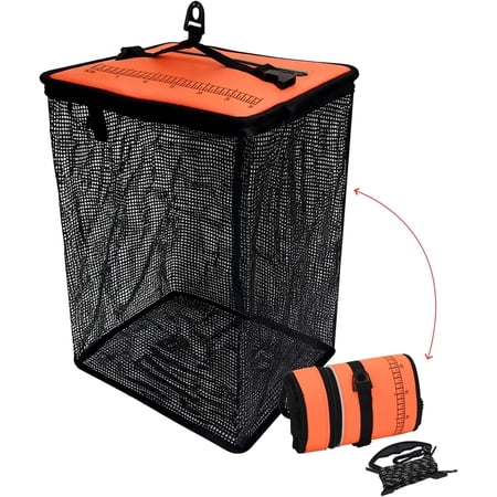 Orange Floating Fish Basket for Live Caught, 10 Gallons Foldable Fishing Holder for Pier, Kayak, Boat Fishing, Large Fishing Bait Storage