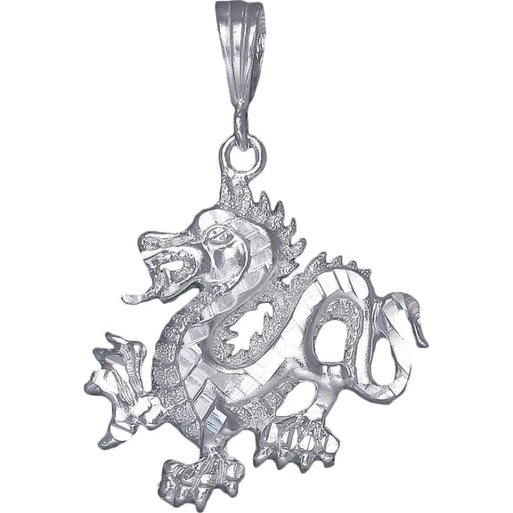 Sterling Silver Dragon Charm Pendant Necklace with Diamond Cut Finish and 24 Inch Figaro Chain