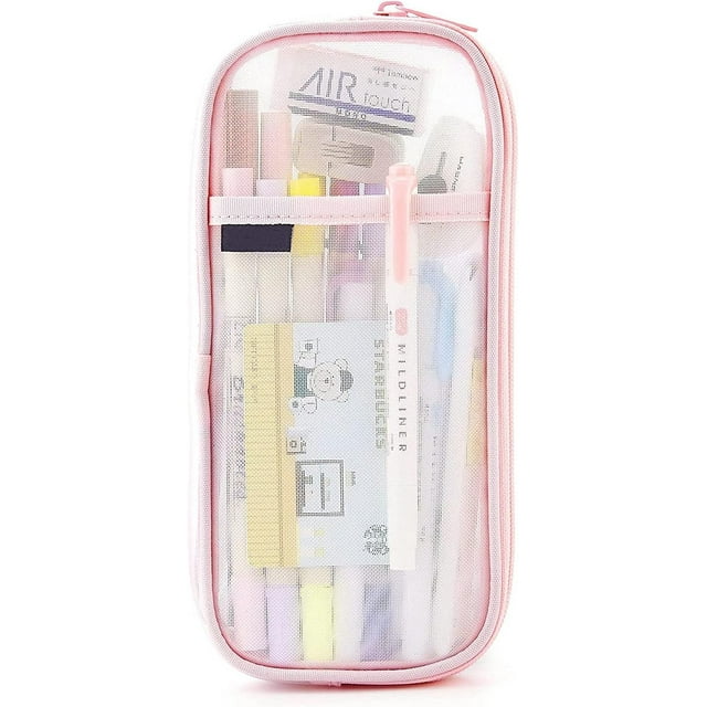 Estuche de Malla de Nylon con Cremallera, Estuche Transparente para Lápices con Compartimento, para Colegio, Oficina, Viaje (Rosa)