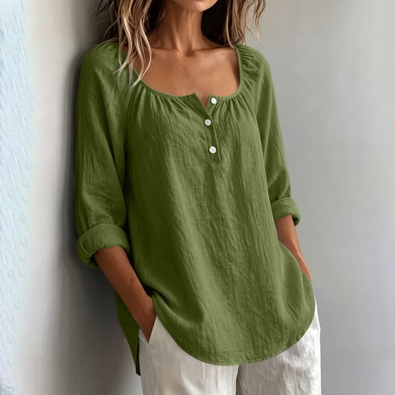 NTACZA Casual Tops for Women Cotton And Linen Blouses Button Front Solid Scoop Neck 3/4 Sleeve Relaxed Fit Army Green