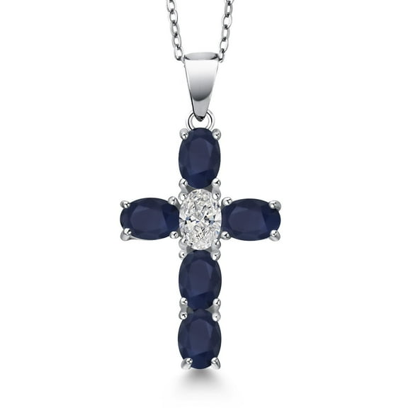 Gem Stone King 3.18 Cttw Blue Sapphire and Lab Grown Diamond Cross Pendant Necklace for Women | 925 Sterling Silver | Gemstone September Birthstone | Oval 6X4MM | With 18 inch Chain