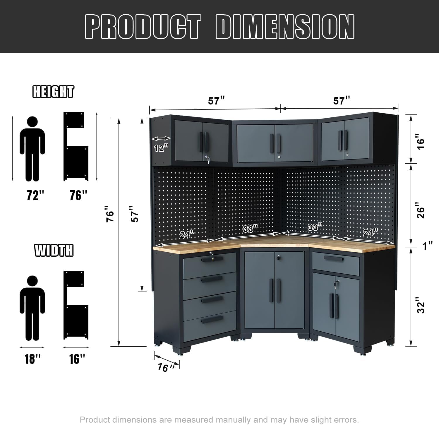 HPDMC Garage Storage Cabinet System 8-Pcs Garage Cabinets and Storage System Corner Workshop Set with Corner Cabinet, Cabinet Drawers, Workbench, Pegboard for Tool Organization, Black and Grey