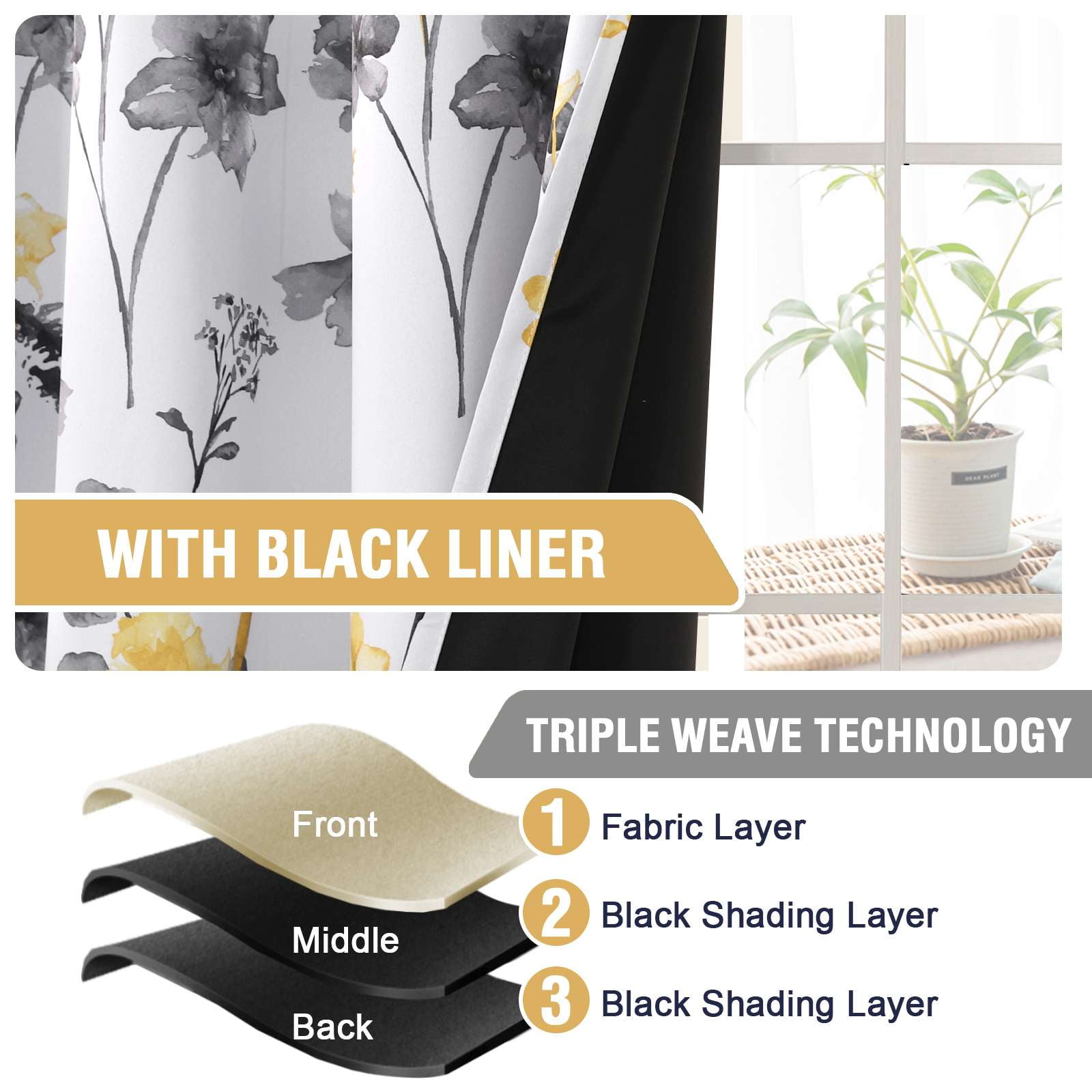 H.VERSAILTEX 100% Blackout Curtains Cattleya Floral Printed Drapes Leah Floral Thermal Bedroom Curtains for Living room with Black Liner 2 Panels,52" x 108",Grey/Yellow