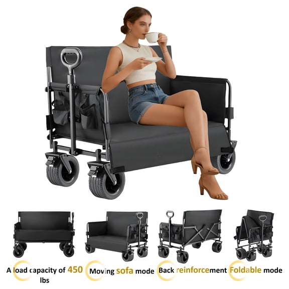 Wagon Cart, Collapsible Wagon,Sports Wagon with seats Sofa cart & Cup Holders, 445 lbs Capacity, for Garden/Camping Use,Black