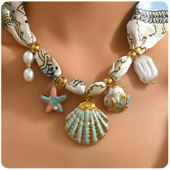 Silk Scarf Necklace for Women Adjustable Bandana Choker with Pearl 18K Gold Plated Charms,Boho Beach Ceramic Jewelry Leaf Butterfly Starfish Coin Pendant Summer Holiday Jewelry