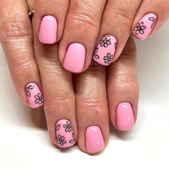 Spring Press on Nails Short Square Fake Nails White French Tip Nails Press ons Glossy Glue on Nails Nude Full Cover False Nails with White Flower Designs Artificial Stick on Nails for Women 24Pcs