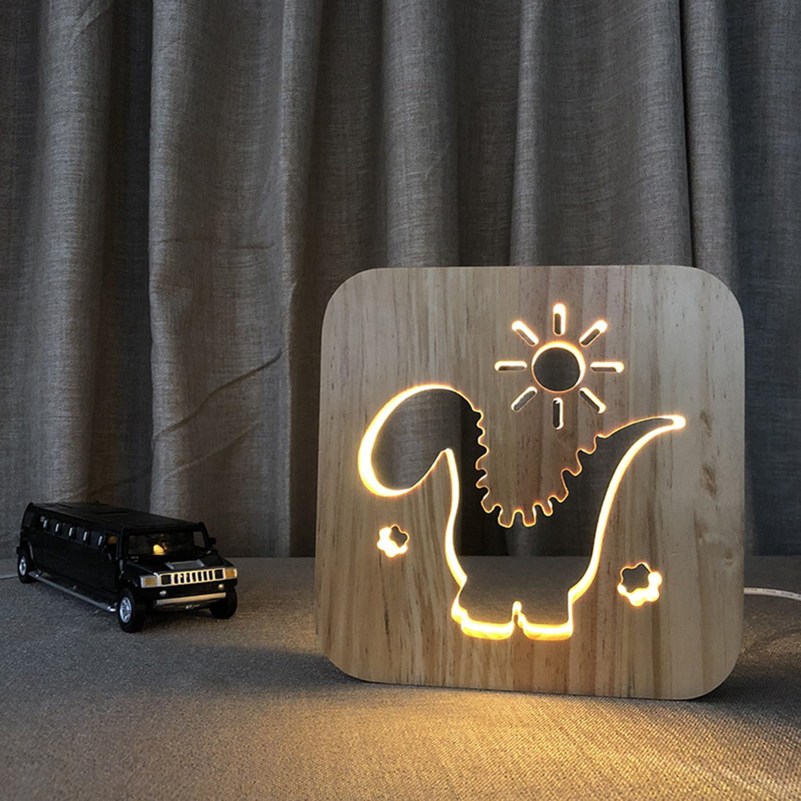 Creative 3D Amal Wooden ght Light, Hollow Dinosaur and table lamp with USB, Home Bedroom Decor ghtlight Bedside Lamp