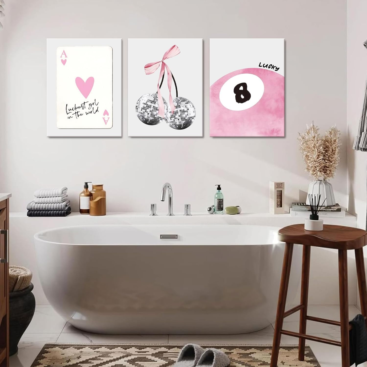 JBZZD Pink Coquette Canvas Wall Art Set of 3 Trendy Preppy Disco 8 Ball Cherry Wall Decor Posters Room Decor Prints Pictures for College Apartment Girls Bedroom Living Room Framed 12x16In
