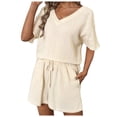 thumbnail image 1 of Conjunto informal de pantalones cortos lisos para mujer - Camisa con solapa y pantalones cortos, dos piezas, manga corta, corte ajustado, moda primavera/verano., 1 of 8