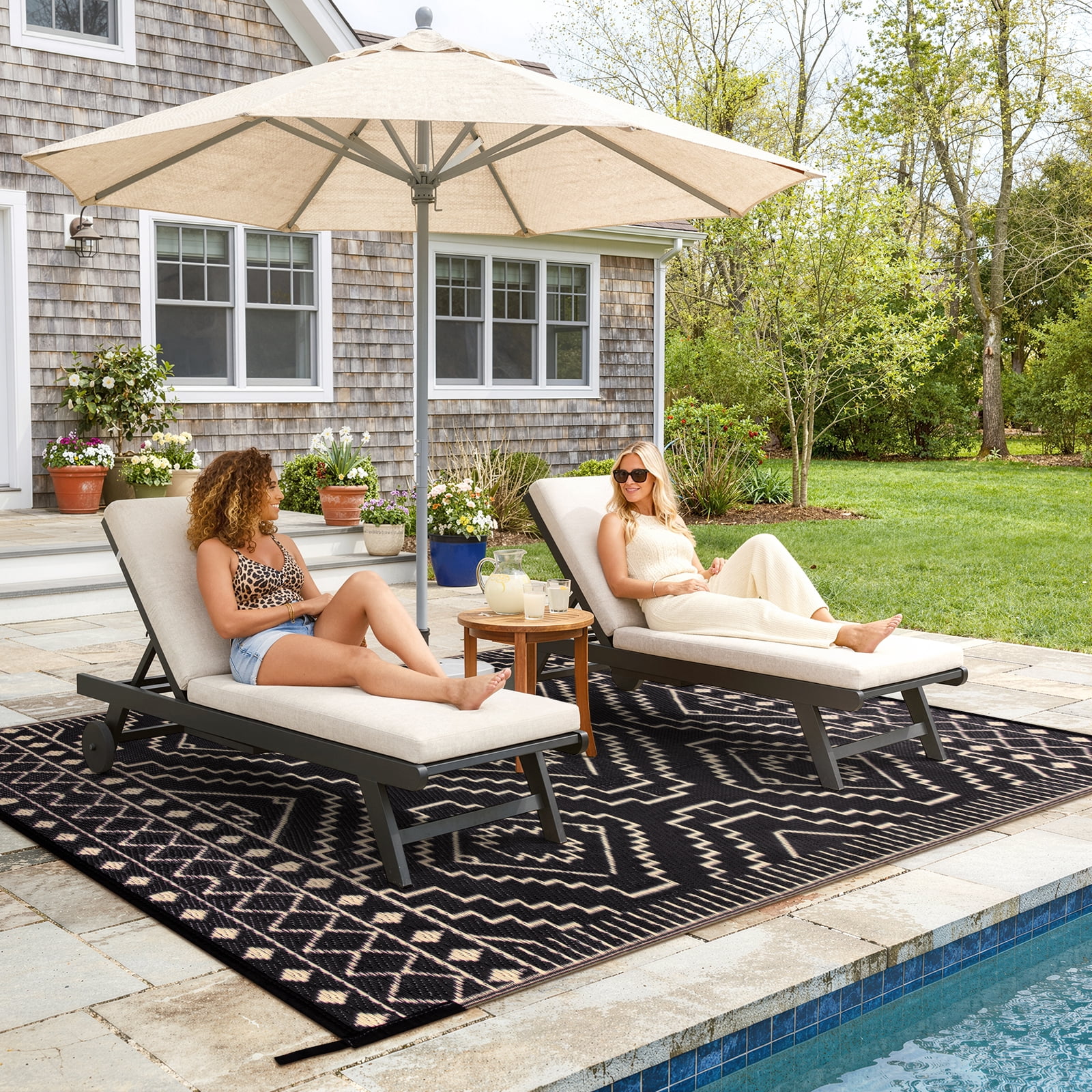 Lahome Waterproof Outdoor Rug 6x9, Reversible Plastic Straw Patio Mat - Moroccan Design for Backyard, Balcony, Garden, Deck, RV Camping, Black & Beige