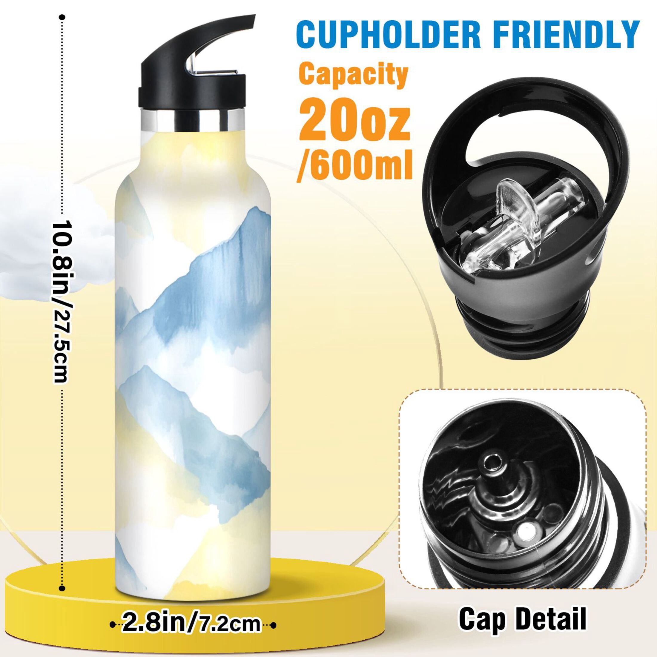 Kids Insulated Stainless Steel Sports Water Bottle 600ml (20oz) Light Blue and Yellow Mountain