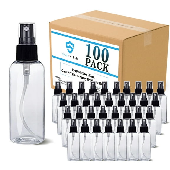 SANSHIELD 100 Pack 2 oz (60 ml) Clear PET Plastic Spray Bottles with Cap, Small Travel Size Mist Bottles