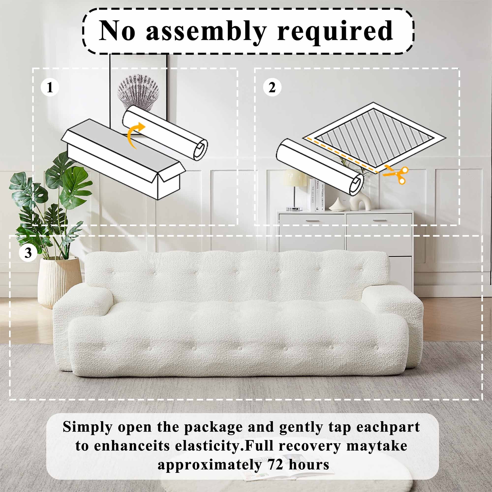 Lunale Boneless Cloud Sofa, No Assembly Required, Modern 3-Seater Chenille Couch for Living Room, Beige