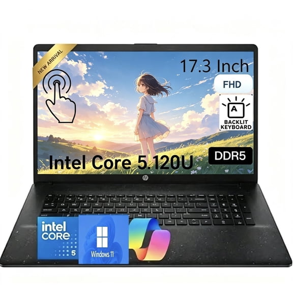 HP OmniBook 3 17.3" Touchscreen Laptop, Intel Core 5 120U Processor (Up to 5.0 GHz), 8GB DDR5 RAM, 512GB SSD, FHD IPS Display, Backlit Keyboard, Windows 11 Pro, FHD IR Camera, Wi-Fi 6