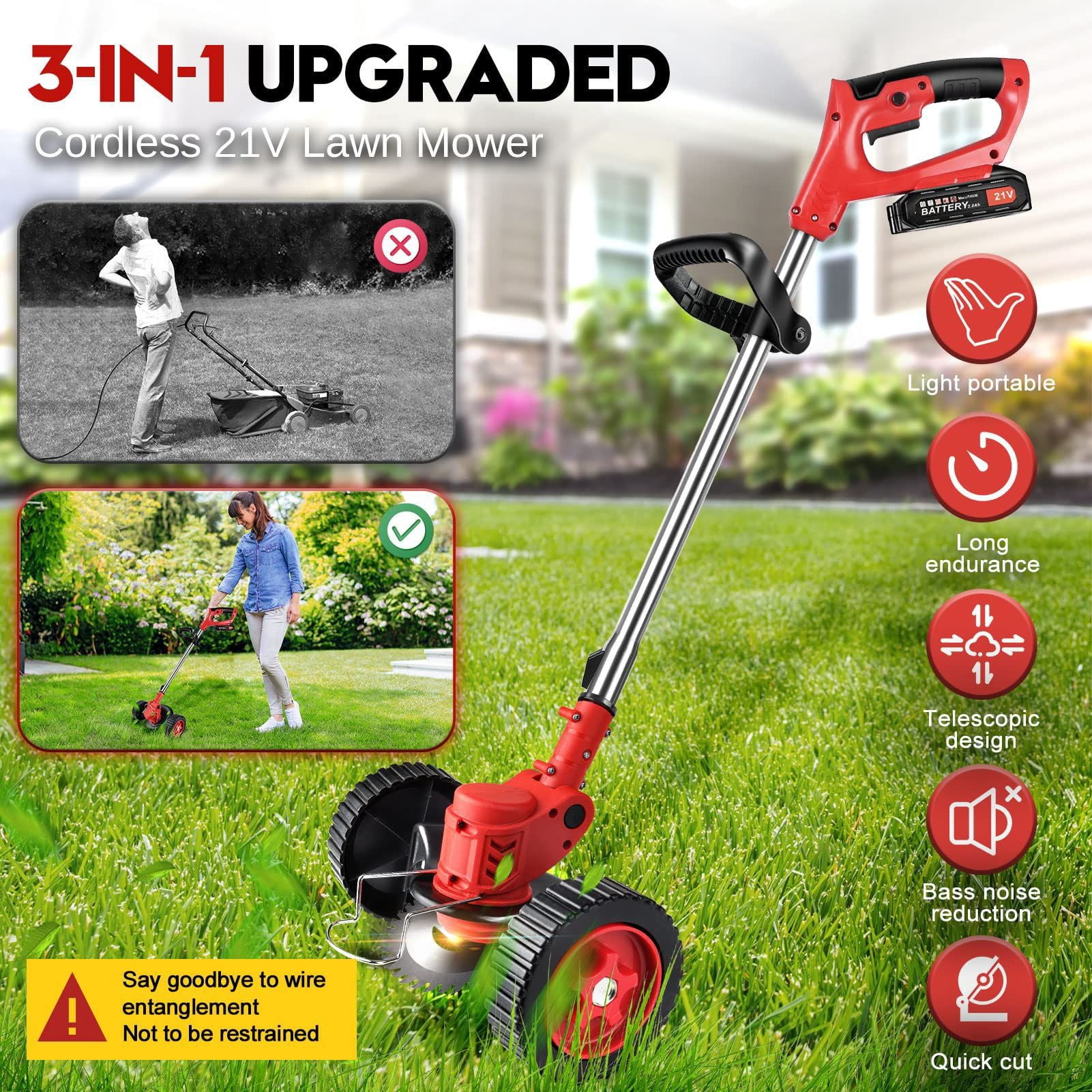 TJWLP Electric Cordless Grass Trimmer, Battery Operated Weed Eaters, 21V Mower, Weed Lawn Edger Eater, Electric Grass Cuting Machine with Wheels