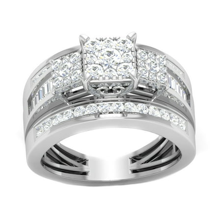 10K White Gold 1 Ct Round Cut Diamond Three Stone Frame Cluster Engagement Ring I2