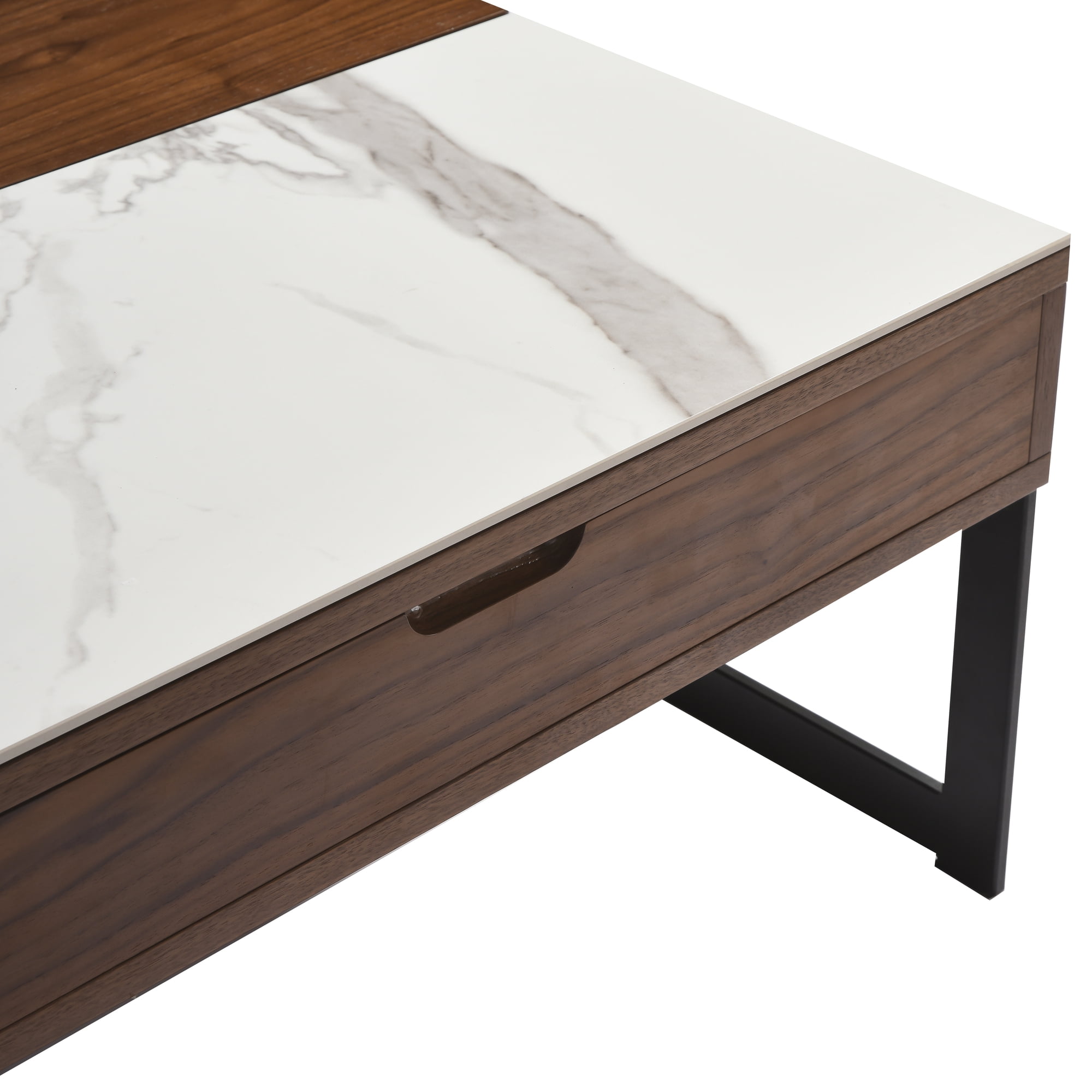 Faye Transitional Rectangular Lift-Top Coffee Table in Walnut Finish with Sintered Stone Panel and Black Metal Base