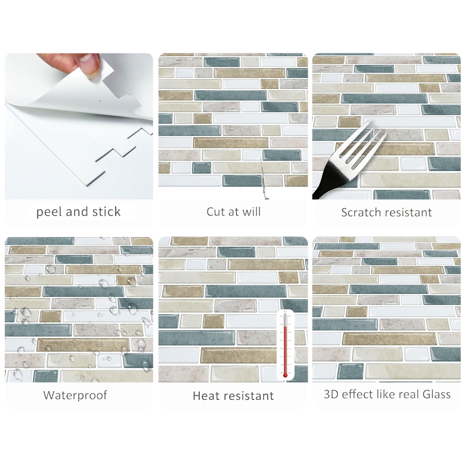 DEWOO Thick Kitchen Peel and Stick Tile Backsplash, Stick on Wall Tiles, 12"x12" Self Adhesive Sticky 3D Wall Marble Tiles Bathroom (10-Sheet，Light Brown)
