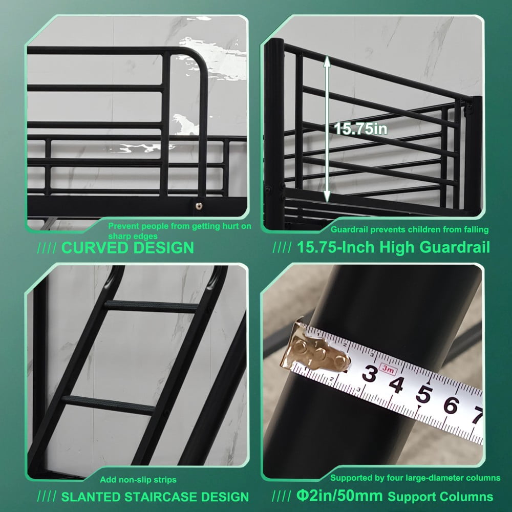 Twin Over Full Bunk Bed, Heavy Duty Metal Bunk Beds with Long Guardrail & Slanted Ladder, 650/750 lbs Capacity, Space Saving, No Box Spring, Black