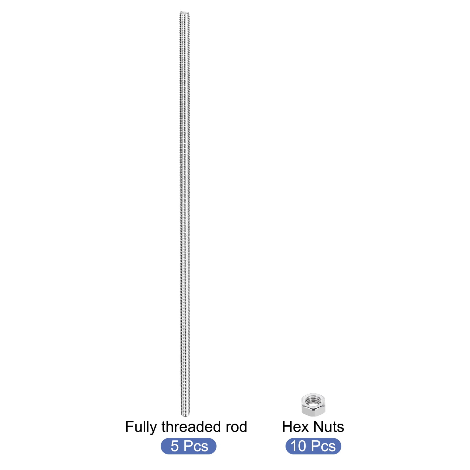5Pack M6 x 300mm Fully Threaded Rod with 10 Pack Hex Nuts, 1.25mm Thread Pitch 304 Stainless Steel