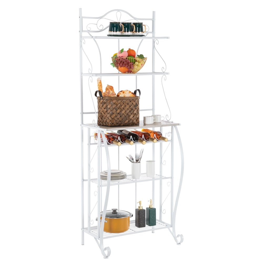 Kitchen Bakers Rack, 5 Tier Metal Kitchen Shelf with Wine Rack, White ...