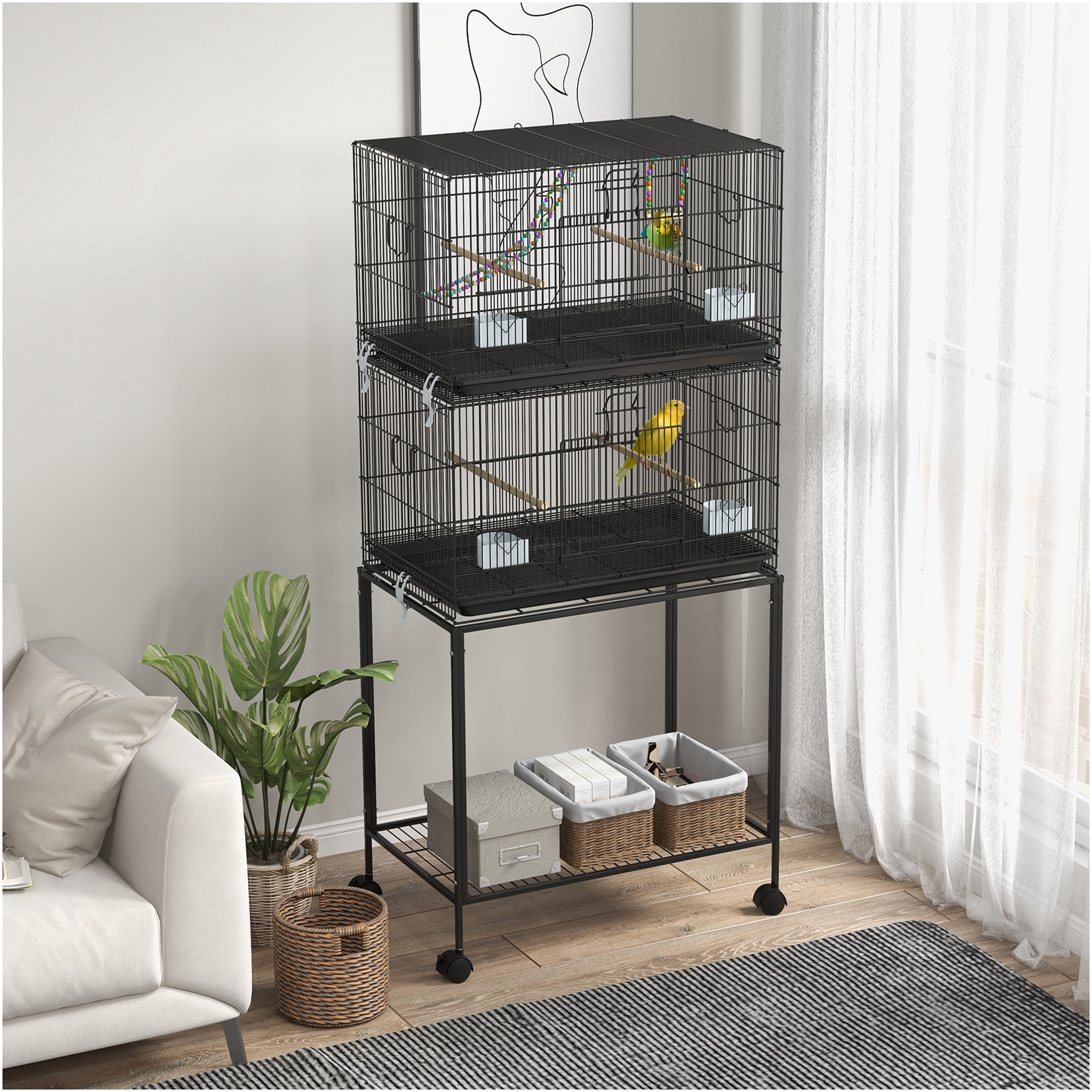 JERFIT 64.5" Double Stack Bird Cage with Stand on Wheels, Black Steel Aviary for Small Birds, Finches, Budgies, Parakeets