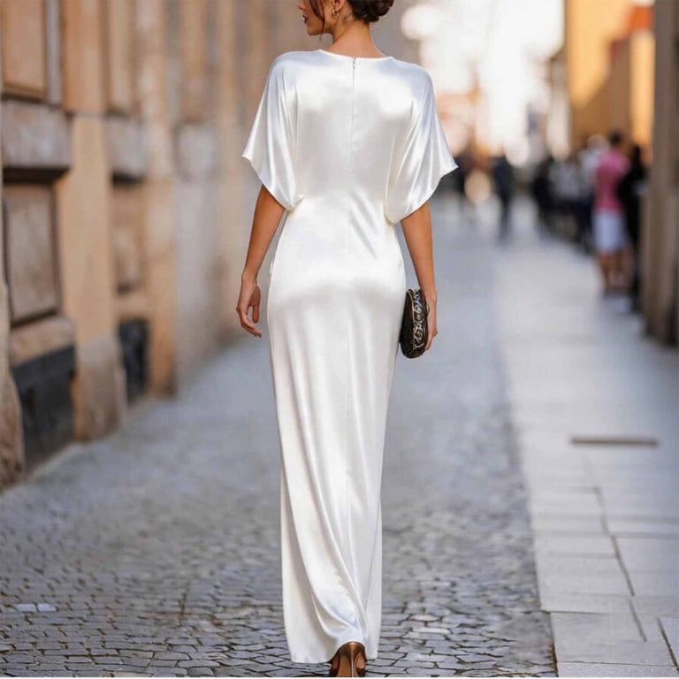 Sawobuun Womens Satin Batwing Sleeve Long Evening Dress Elegant Crew Neck Maxi Dress for Wedding Guest Party Prom, Women's, Size: Medium, White