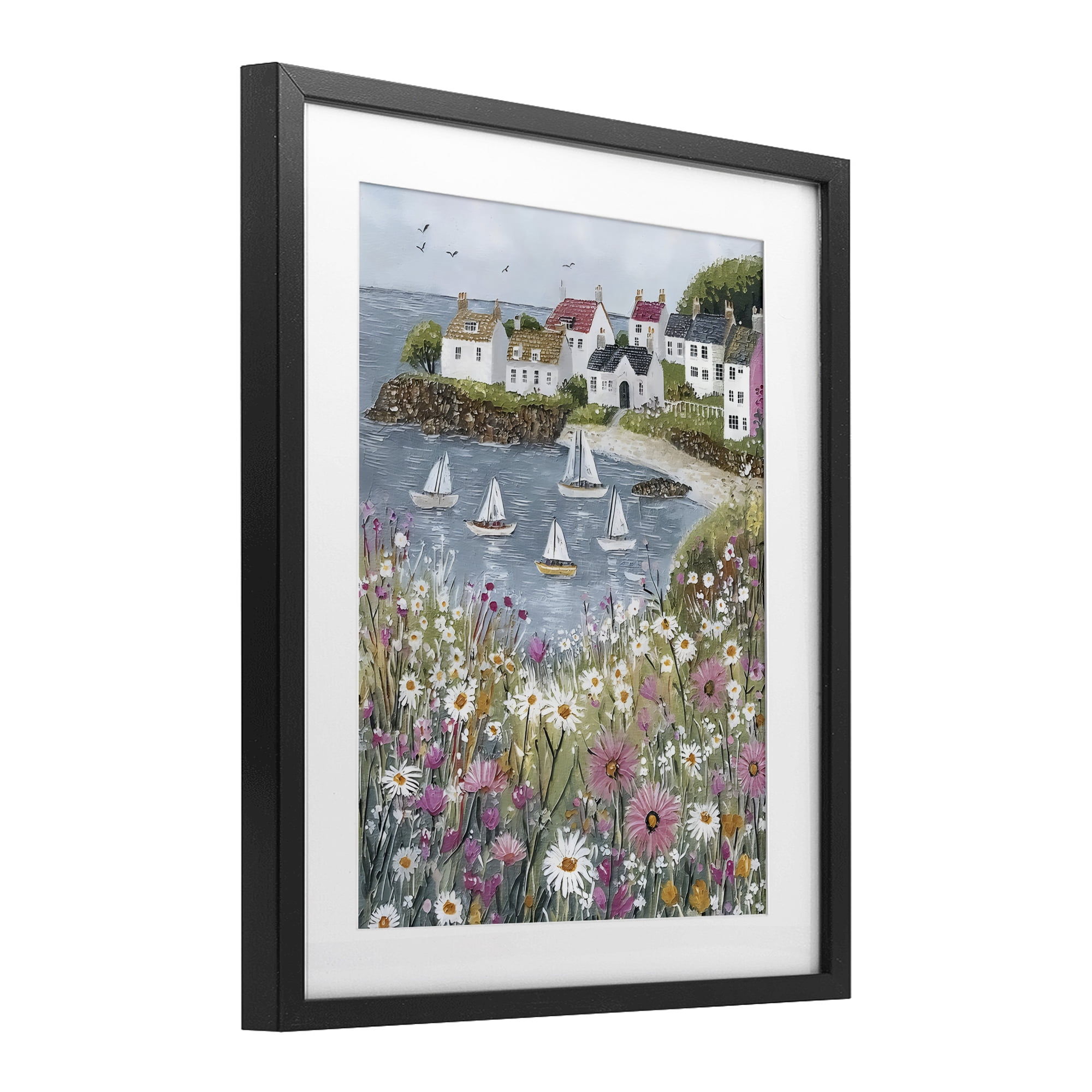 Stupell Industries Seaside Sailboats in Village Bay Black Framed Print Under Glass, design by Riley B