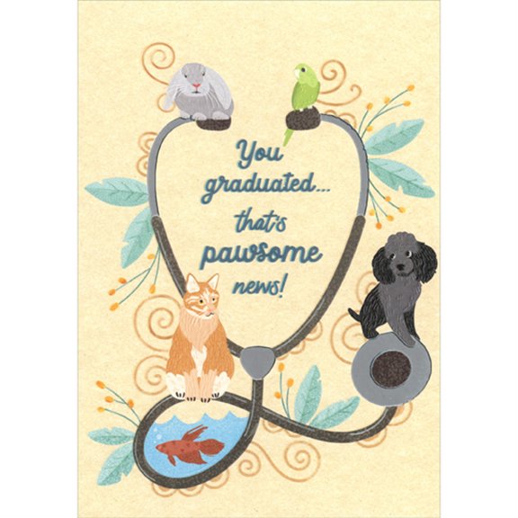 Designer Greetings Pawsome News: Rabbit, Parrot, Dog, Cat and Fish on Stethascope Graduation Congratulations Card for Veterinarian : Veterinary School