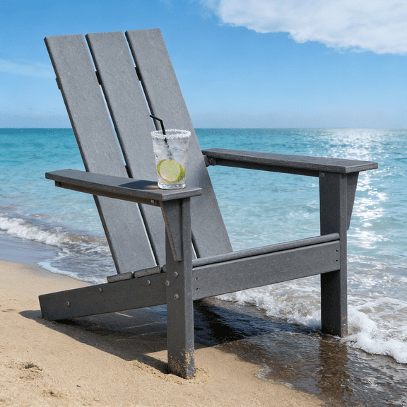 Umi Patio Adirondack Chair Lounger, Weather-Resistant HDPE Reclining Patio Chair with High Back, Gray Outdoor Fire Pit Seating for Garden, Deck, and Lawn